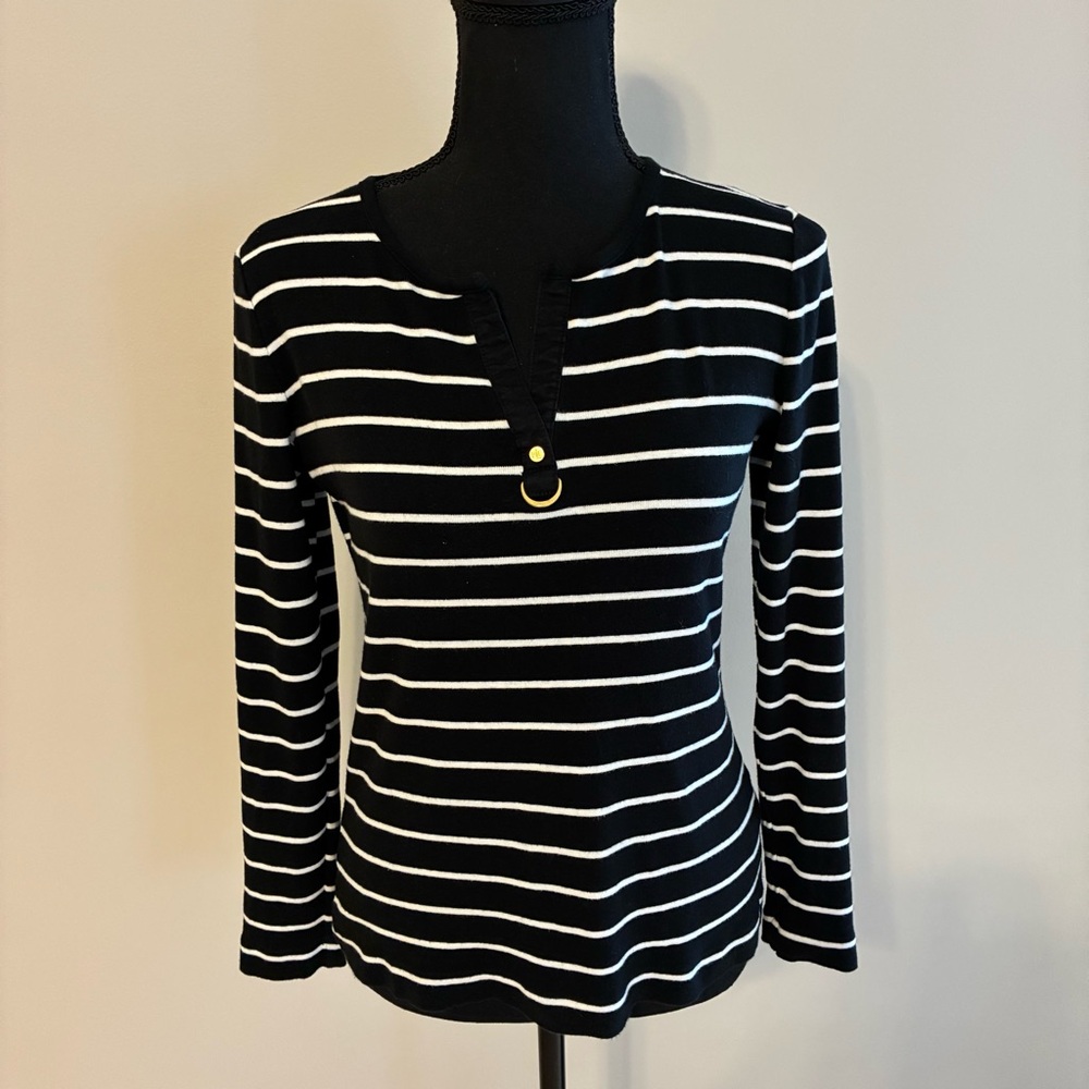 Lauren Ralph Lauren Black and White Striped V Neck Top - Small